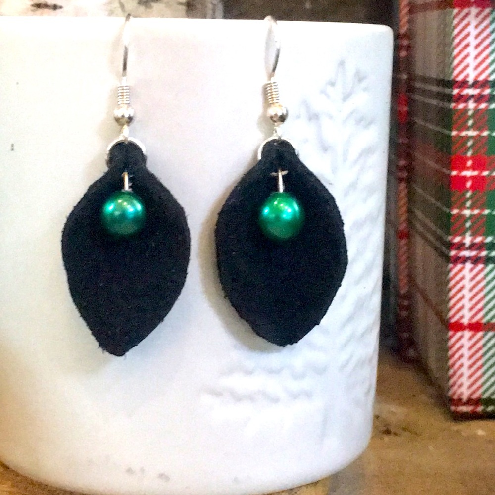 Black Leather Leaf Earrings with Green Pearl Accent - Women's Jewelry